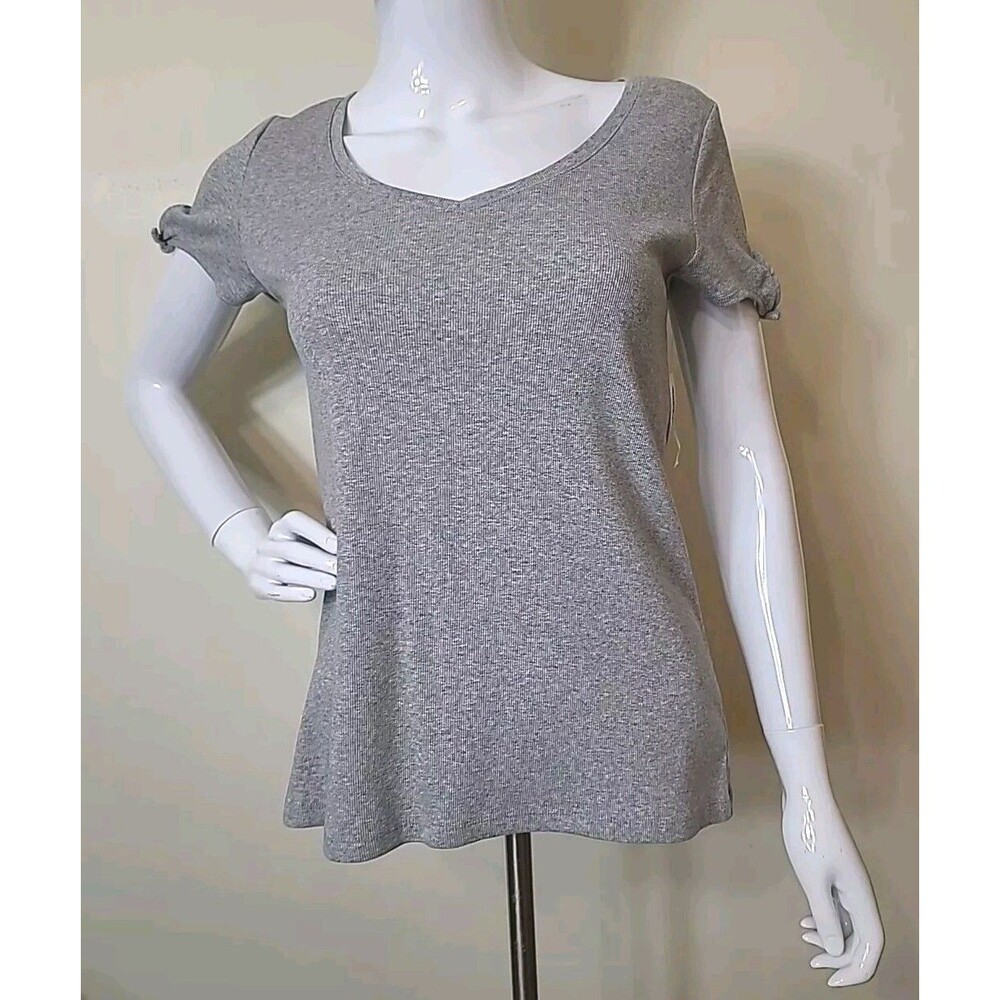 Old Navy Cotton Blend Upgraded V Neck T Shirt Cap Sleeve Tie Detail Gray Medium